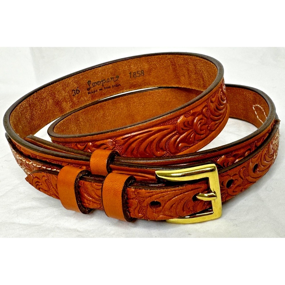 Looper Tooled Belt Sz 36 Brown Leather Made USA 1858 Western Country 1.25" w